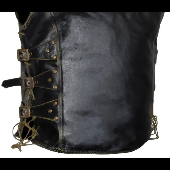 Men’s Motorcycle Distressed Black Side Laced Biker Concealed Carry Leather Vest - Picture 7 of 9